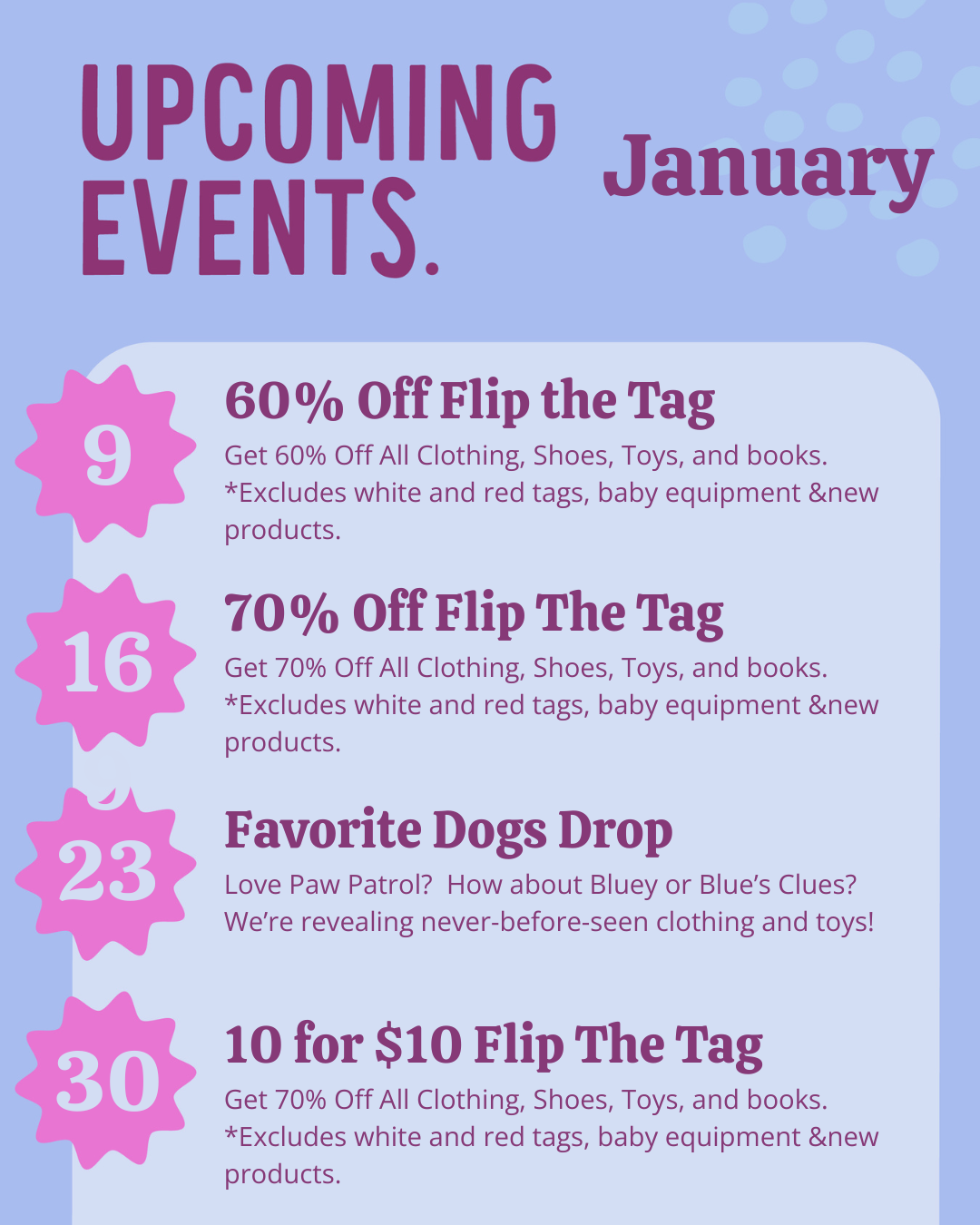 Chart of Upcoming Events for January